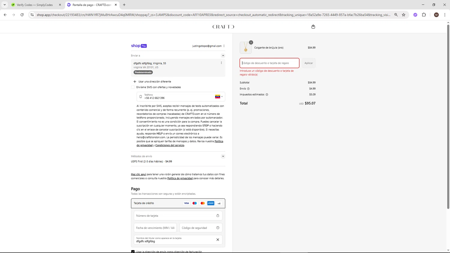 CRAFTD London discount code screenshot showing code AFF10APR03 applied at CRAFTD London checkout page. Uploaded by SimplyCodes community member KTMCRF on Aug 11, 2025
