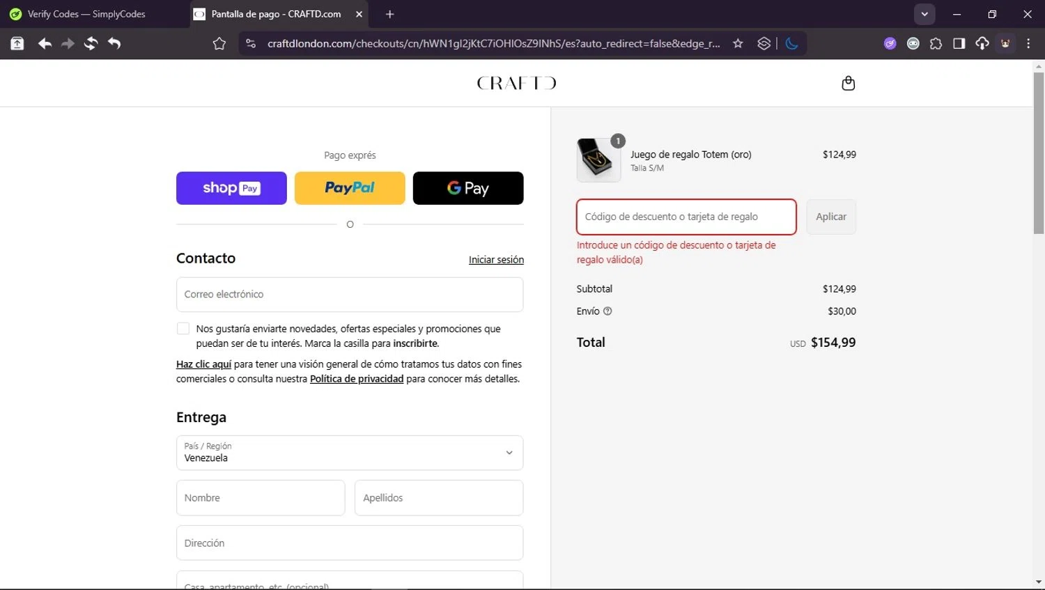 CRAFTD London discount code screenshot showing code AFF10APR10 applied at CRAFTD London checkout page. Uploaded by SimplyCodes community member Userr2 on Aug 11, 2025