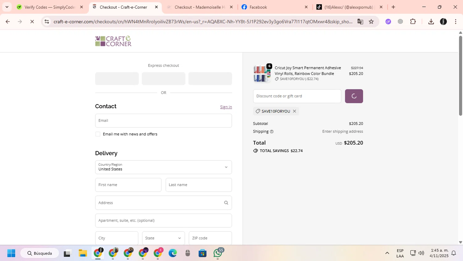 Craft-E-Corner discount code screenshot showing code SAVE10FORYOU applied at Craft-E-Corner checkout page. Uploaded by SimplyCodes community member ChinoYugiXD on Nov 4, 2025
