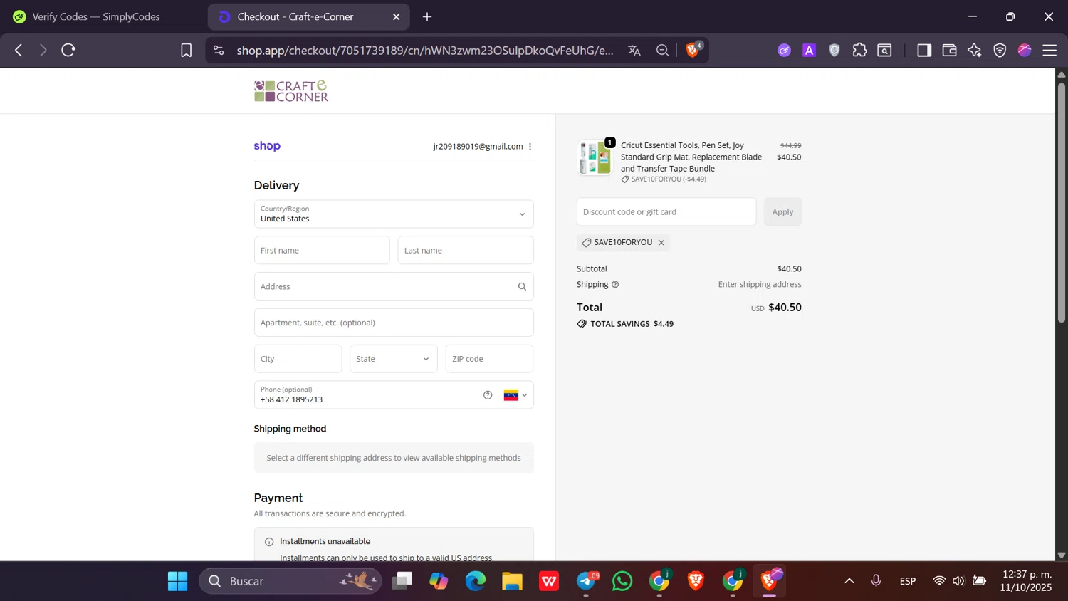 Craft-E-Corner discount code screenshot showing code SAVE10FORYOU applied at Craft-E-Corner checkout page. Uploaded by SimplyCodes community member Toji_fushiguro on Oct 11, 2025