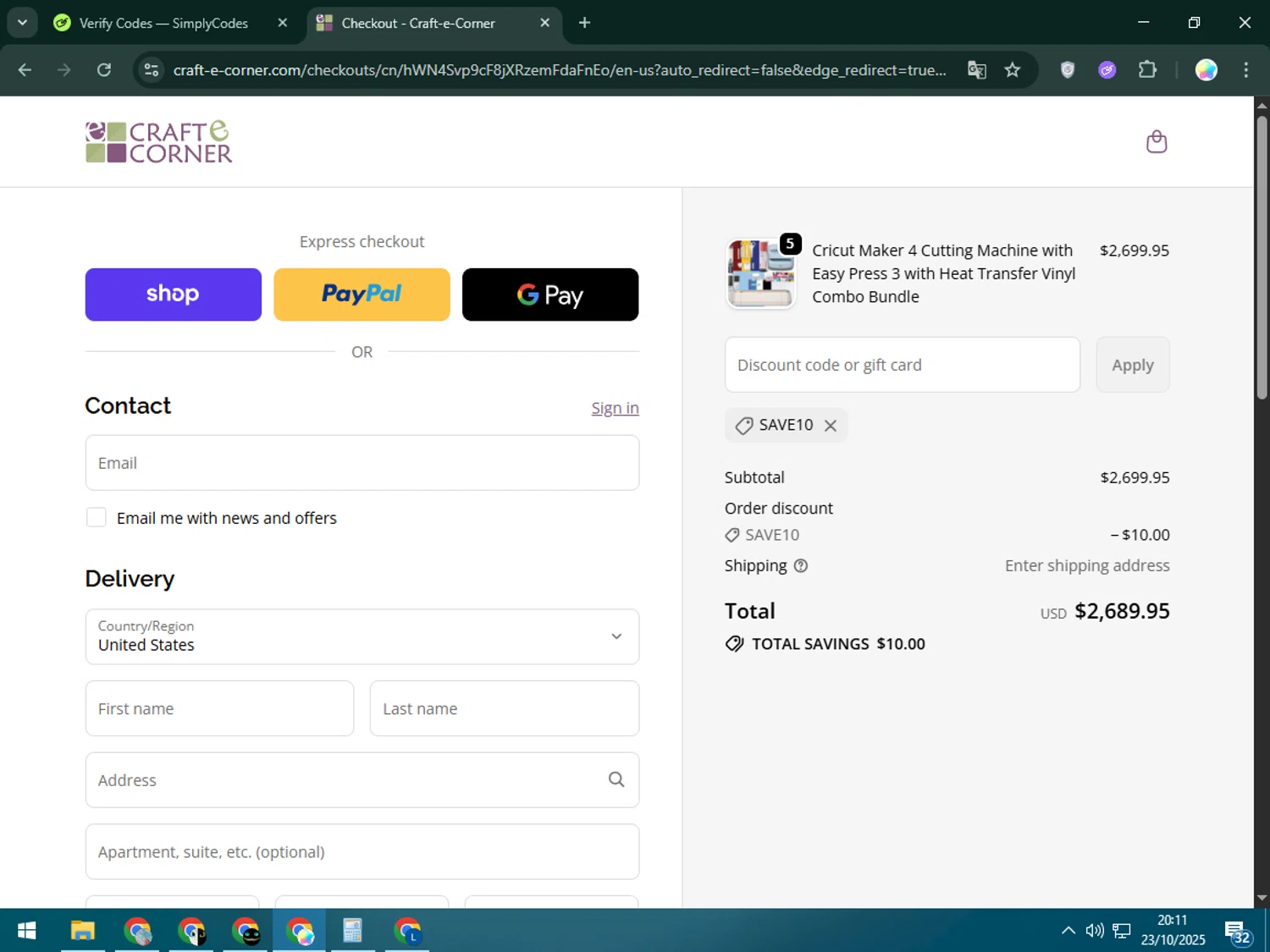 Craft-E-Corner discount code screenshot showing code SAVE10 applied at Craft-E-Corner checkout page. Uploaded by SimplyCodes community member Estrellitacoairis on Oct 24, 2025