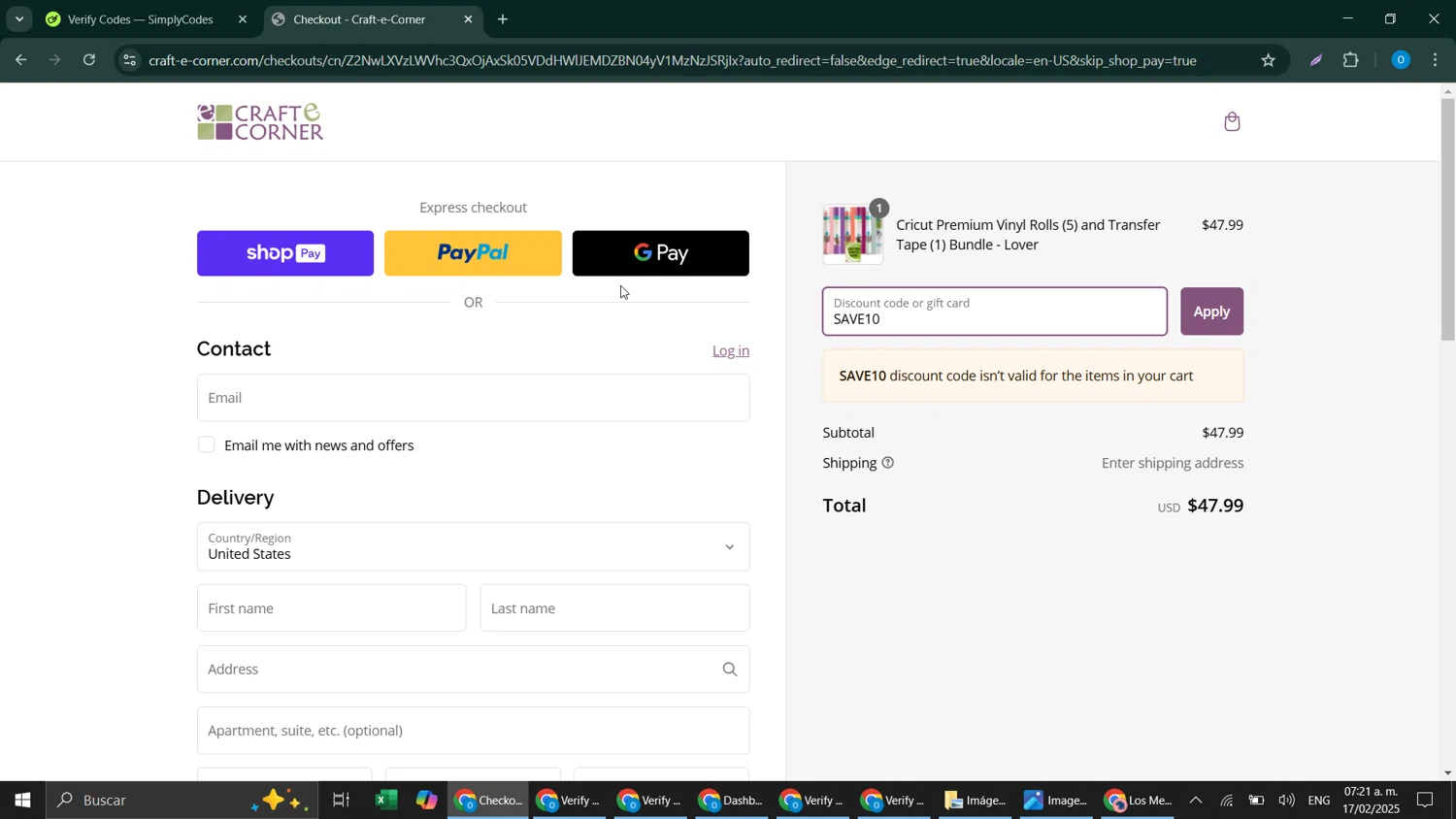 Craft-E-Corner discount code screenshot showing code SAVE10 applied at Craft-E-Corner checkout page. Uploaded by SimplyCodes community member _____________ on Feb 17, 2025