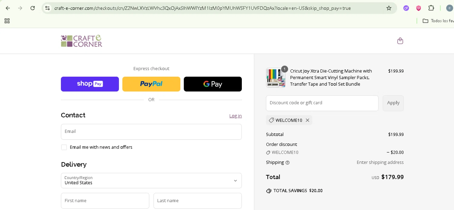 Craft-E-Corner discount code screenshot showing code WELCOME10 applied at Craft-E-Corner checkout page. Uploaded by SimplyCodes community member NobleSentinel8535 on Jun 16, 2025