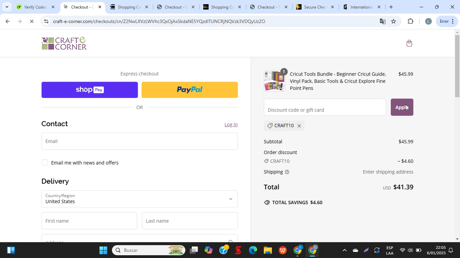Craft-E-Corner discount code screenshot showing code CRAFT10 applied at Craft-E-Corner checkout page. Uploaded by SimplyCodes community member VoucherPhoenix3332 on Jan 7, 2025