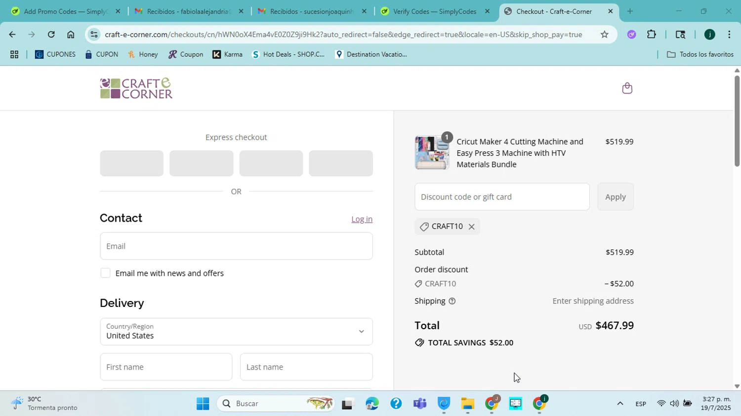 Craft-E-Corner discount code screenshot showing code CRAFT10 applied at Craft-E-Corner checkout page. Uploaded by SimplyCodes community member jorgejavierherrera on Jul 19, 2025