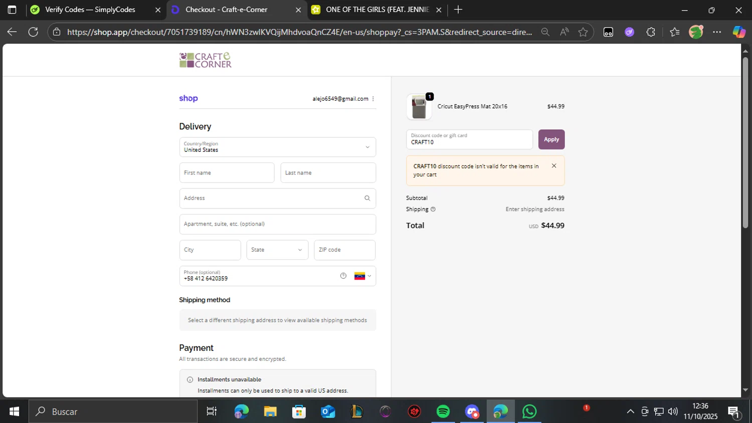 Craft-E-Corner discount code screenshot showing code CRAFT10 applied at Craft-E-Corner checkout page. Uploaded by SimplyCodes community member pedrolol on Oct 11, 2025