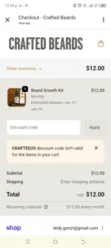 CRAFTED20 coupon verification screenshot
