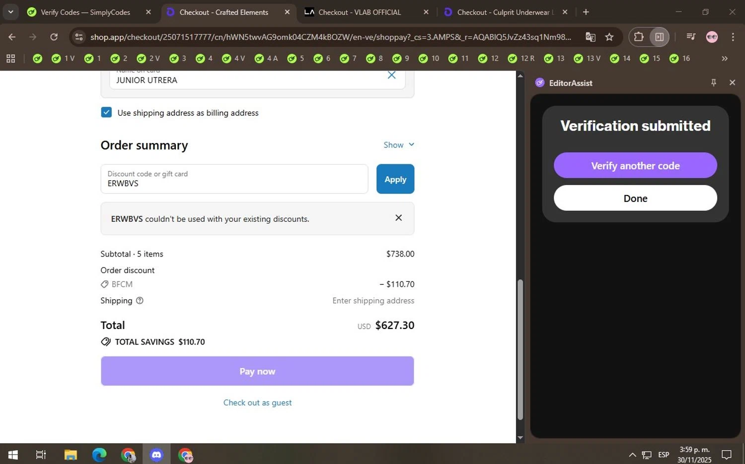 Crafted Elements discount code screenshot showing code ERWBVS applied at Crafted Elements checkout page. Uploaded by SimplyCodes community member Locura on Nov 30, 2025