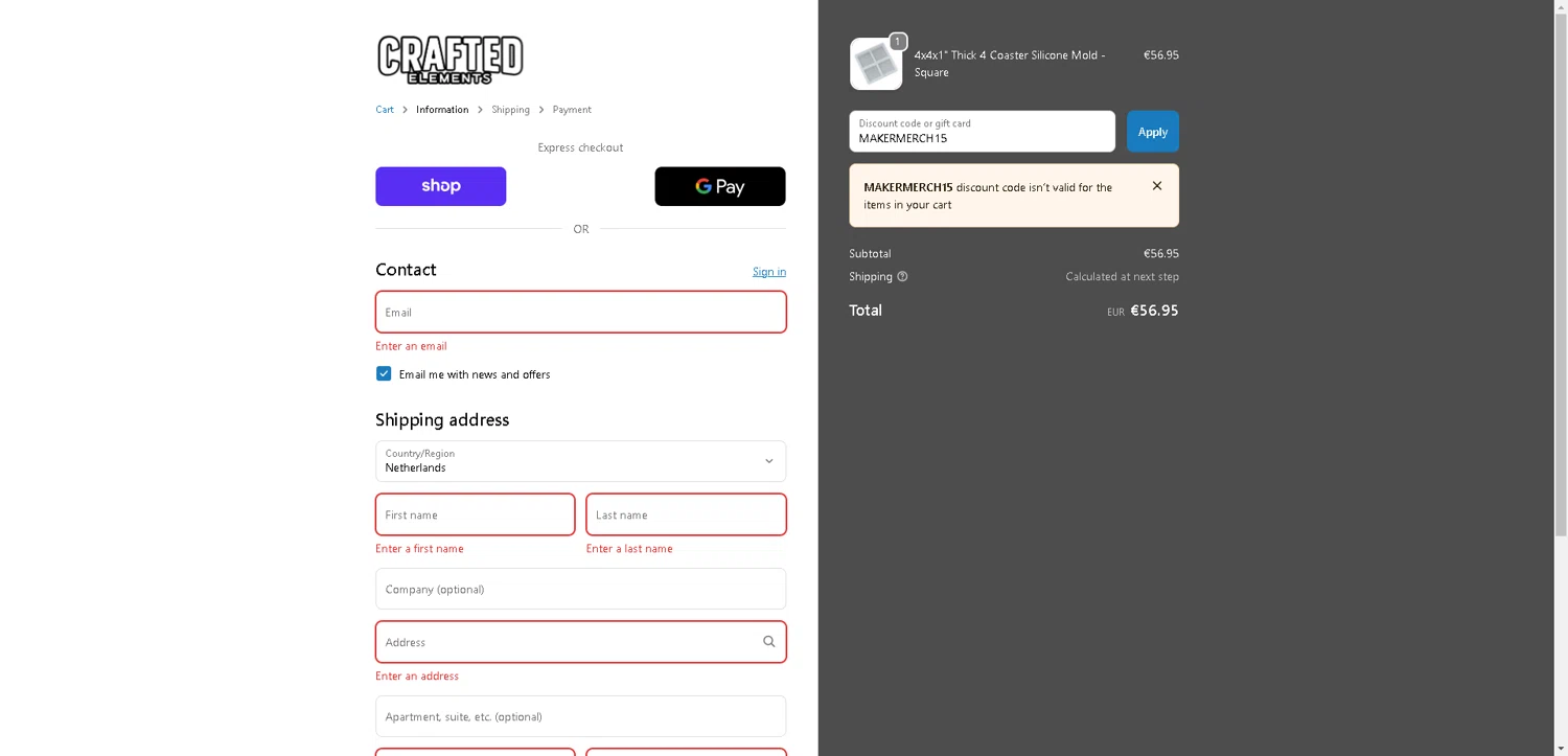 Crafted Elements discount code screenshot showing code MAKERMERCH15 applied at Crafted Elements checkout page. Uploaded by SimplyCodes community member ValueWarden2887 on Oct 18, 2025