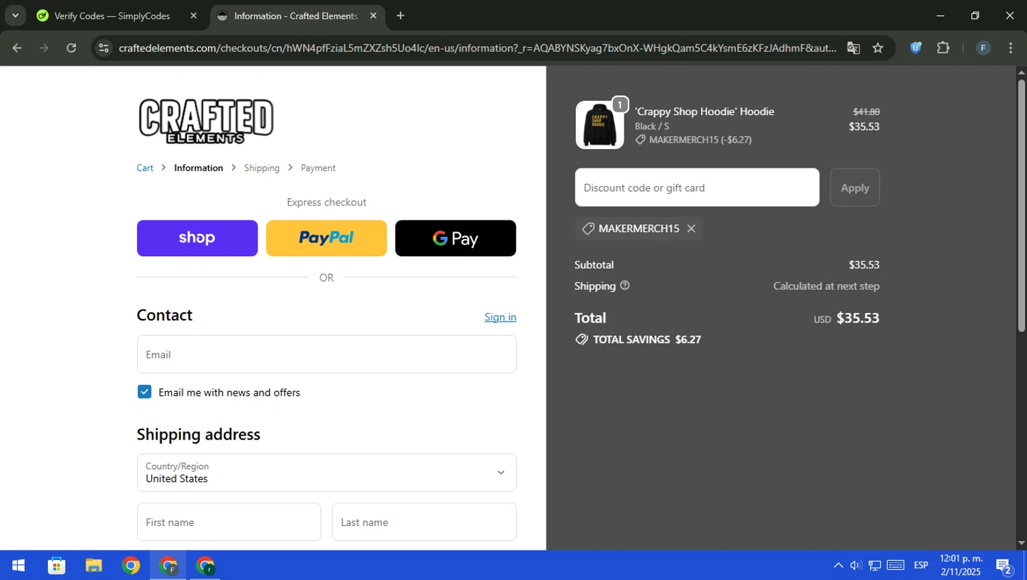 Crafted Elements discount code screenshot showing code MAKERMERCH15 applied at Crafted Elements checkout page. Uploaded by SimplyCodes community member pajarito on Nov 2, 2025