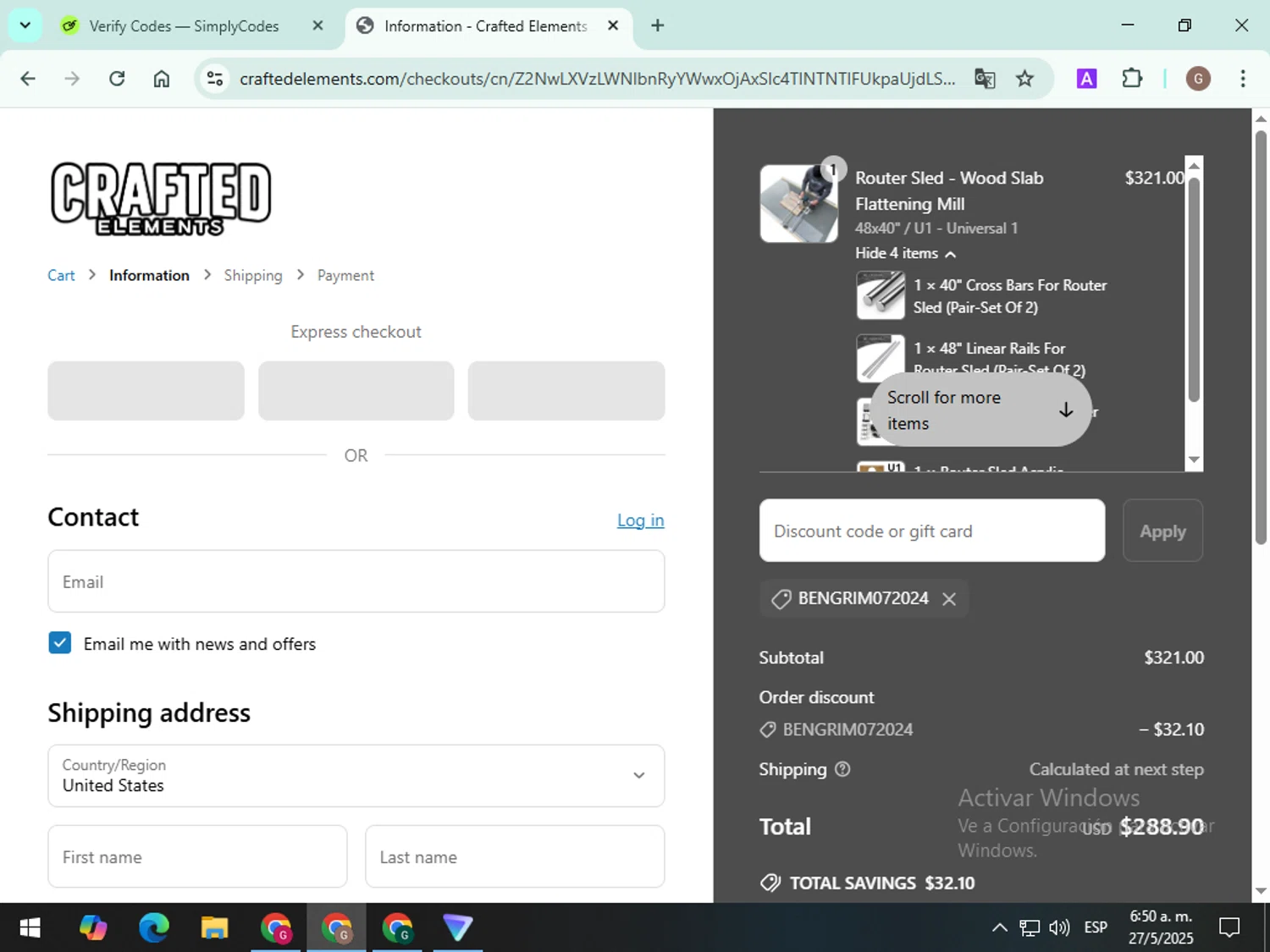 Crafted Elements discount code screenshot showing code BENGRIM072024 applied at Crafted Elements checkout page. Uploaded by SimplyCodes community member EpicTitan5638 on May 27, 2025