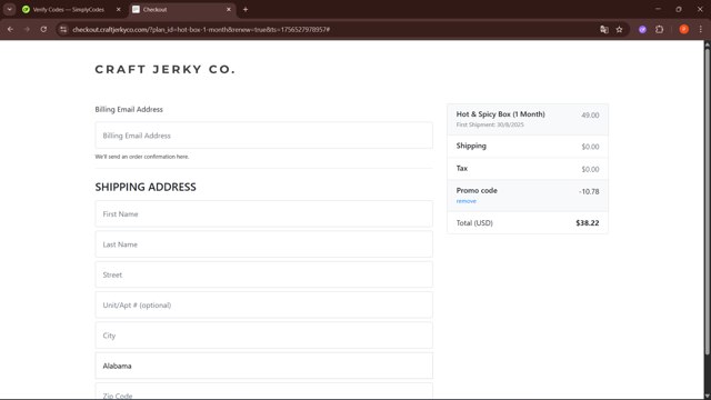 Craft Jerky Co. checkout page showing Craft Jerky Co. promo code box | Screenshot taken by SimplyCodes community member on Aug 30, 2025