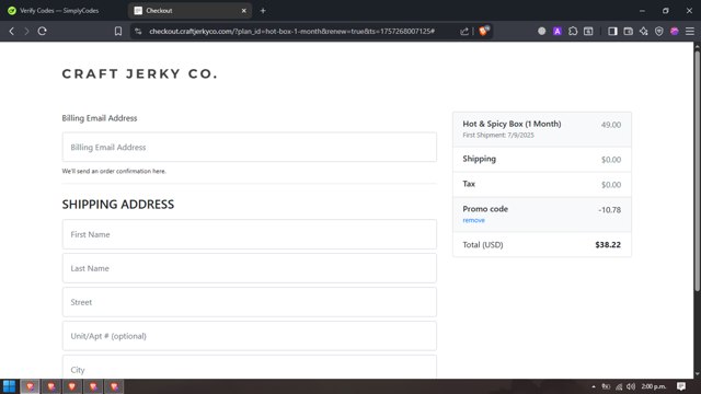 Craft Jerky Co. checkout page showing Craft Jerky Co. promo code box | Screenshot taken by SimplyCodes community member on Sep 7, 2025