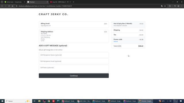 Craft Jerky Co. checkout page showing Craft Jerky Co. promo code box | Screenshot taken by SimplyCodes community member on Sep 3, 2025