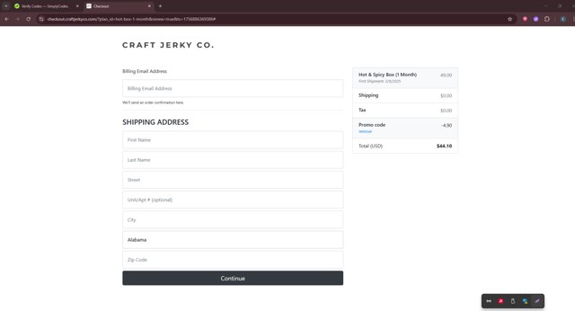 Craft Jerky Co. checkout page showing Craft Jerky Co. promo code box | Screenshot taken by SimplyCodes community member on Sep 3, 2025