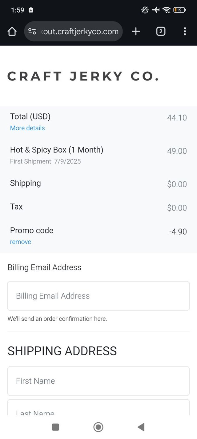 Craft Jerky Co. checkout page showing Craft Jerky Co. promo code box | Screenshot taken by SimplyCodes community member on Sep 7, 2025