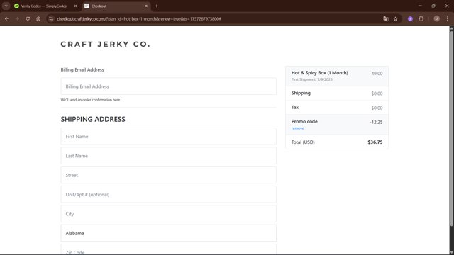 Craft Jerky Co. checkout page showing Craft Jerky Co. promo code box | Screenshot taken by SimplyCodes community member on Sep 7, 2025