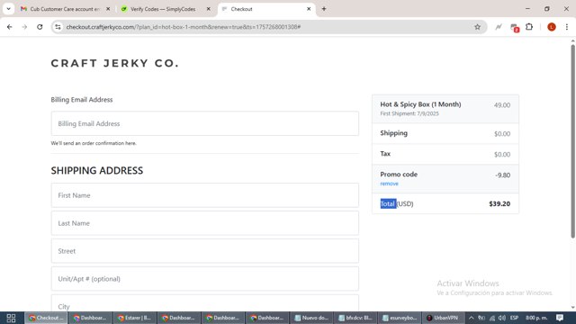 Craft Jerky Co. checkout page showing Craft Jerky Co. promo code box | Screenshot taken by SimplyCodes community member on Sep 7, 2025