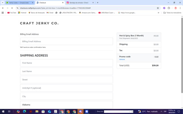 Craft Jerky Co. checkout page showing Craft Jerky Co. promo code box | Screenshot taken by SimplyCodes community member on Aug 30, 2025