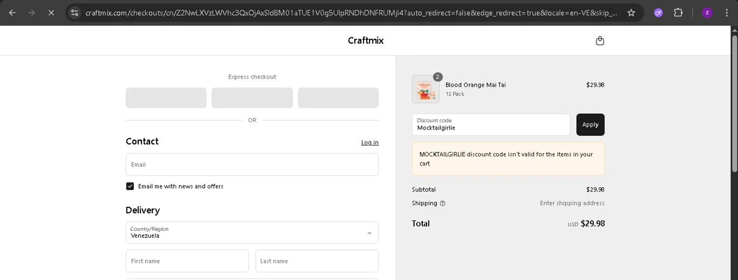 Craftmix discount code screenshot showing code Mocktailgirlie applied at Craftmix checkout page. Uploaded by SimplyCodes community member BonusPro7395 on May 28, 2025