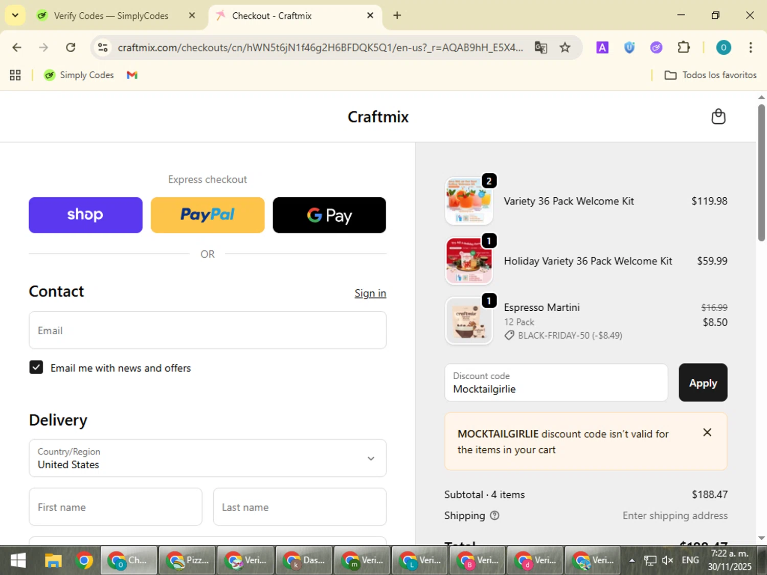 Craftmix discount code screenshot showing code Mocktailgirlie applied at Craftmix checkout page. Uploaded by SimplyCodes community member BudgetSeeker9524 on Nov 30, 2025