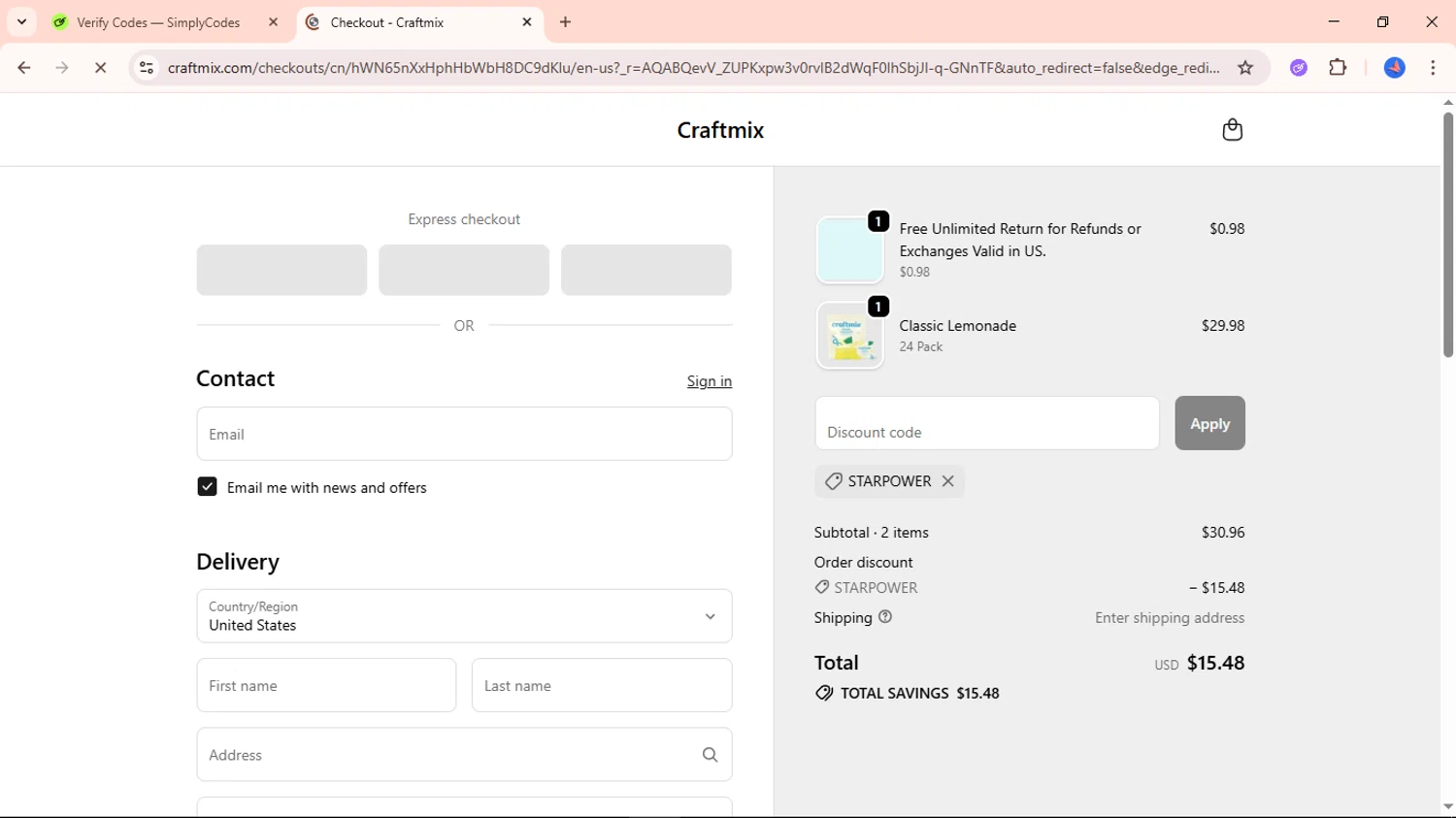 Craftmix discount code screenshot showing code STARPOWER applied at Craftmix checkout page. Uploaded by SimplyCodes community member Avio_21 on Dec 5, 2025