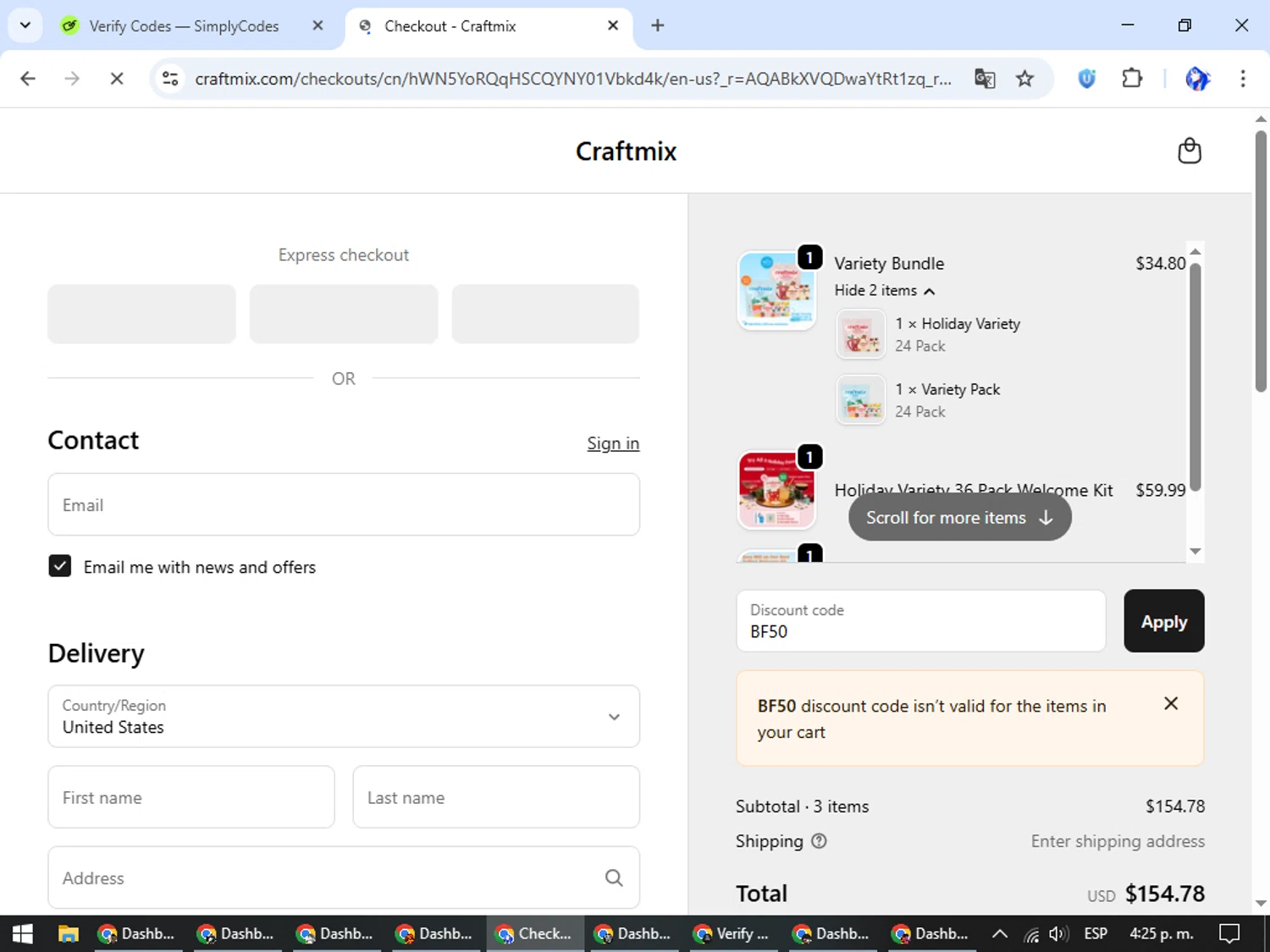 Craftmix discount code screenshot showing code BF50 applied at Craftmix checkout page. Uploaded by SimplyCodes community member WiseHunter8213 on Nov 21, 2025