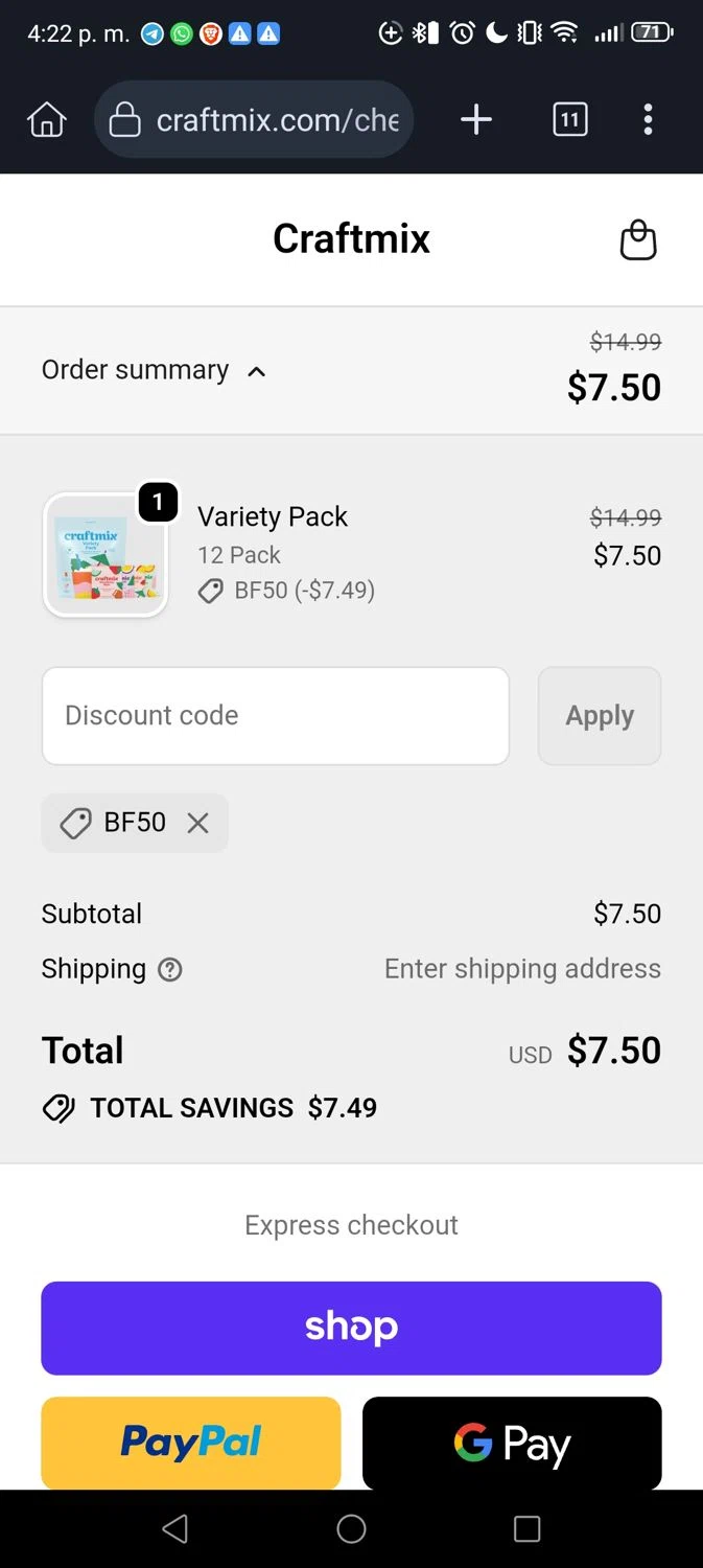 Craftmix discount code screenshot showing code BF50 applied at Craftmix checkout page. Uploaded by SimplyCodes community member Vivachavez on Nov 21, 2025