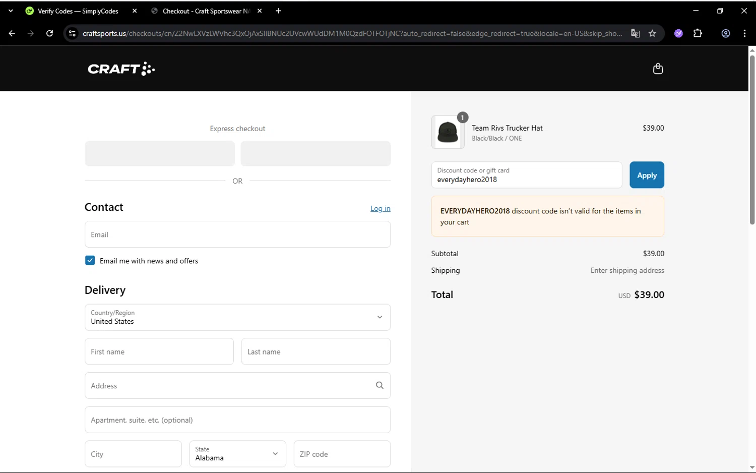 Craft Sports discount code screenshot showing code everydayhero2018 applied at Craft Sports checkout page. Uploaded by SimplyCodes community member aleixmase on Jun 21, 2025