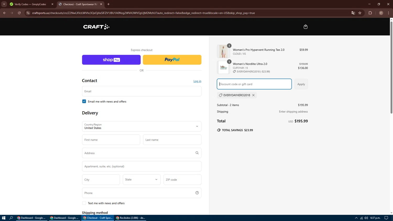 Craft Sports discount code screenshot showing code everydayhero2018 applied at Craft Sports checkout page. Uploaded by SimplyCodes community member SmartMaven8764 on Apr 3, 2025