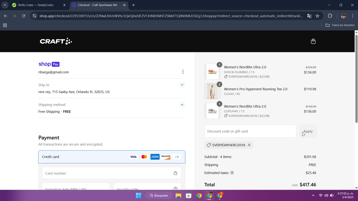 Craft Sports discount code screenshot showing code everydayhero2018 applied at Craft Sports checkout page. Uploaded by SimplyCodes community member ThriftyTracker446 on Apr 3, 2025