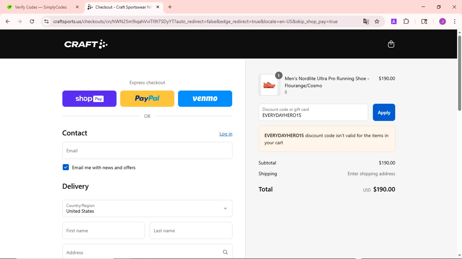 Craft Sports discount code screenshot showing code EVERYDAYHERO15 applied at Craft Sports checkout page. Uploaded by SimplyCodes community member NobleSaver3560 on Aug 22, 2025