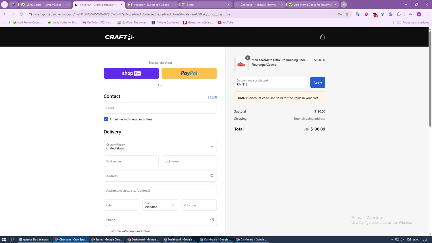 Craft Sports discount code screenshot showing code RMN15 applied at Craft Sports checkout page. Uploaded by SimplyCodes community member GoldSage6451 on Aug 17, 2025