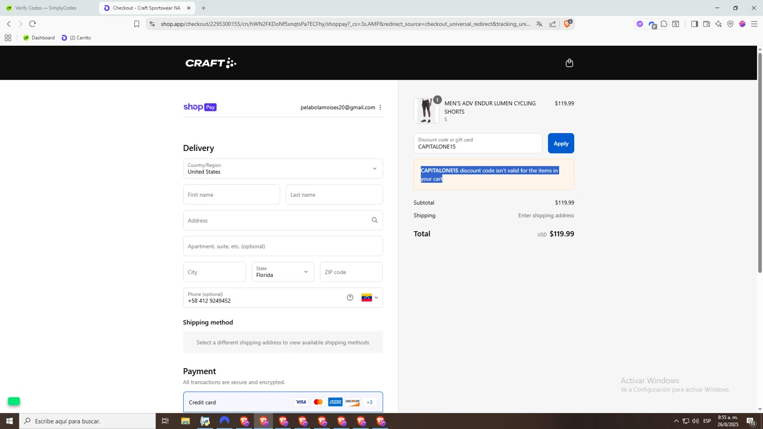 Craft Sports discount code screenshot showing code CAPITALONE15 applied at Craft Sports checkout page. Uploaded by SimplyCodes community member kamadoTanjiro on Aug 26, 2025
