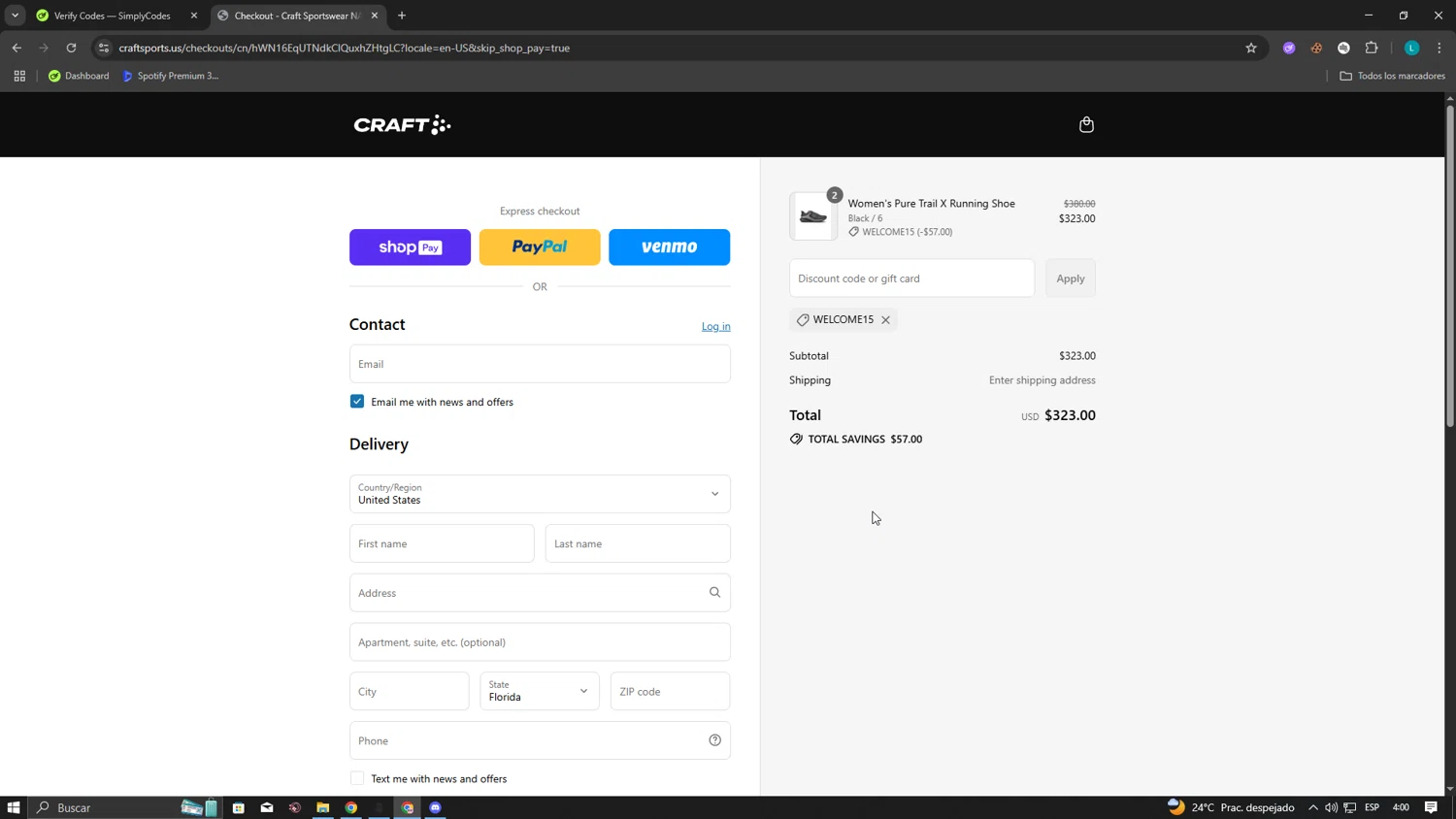 Craft Sports discount code screenshot showing code WELCOME15 applied at Craft Sports checkout page. Uploaded by SimplyCodes community member Chachitox on Jul 27, 2025