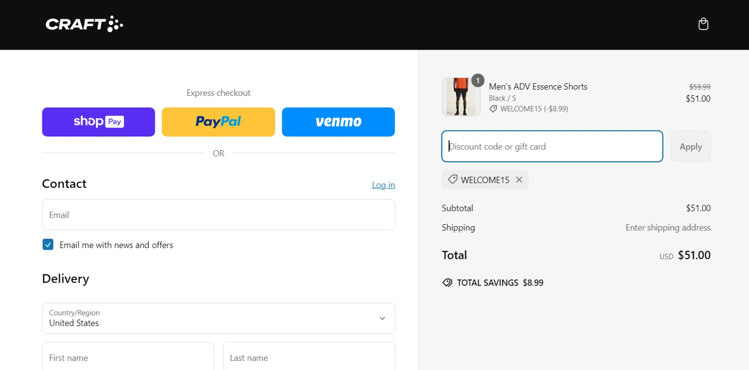 Craft Sports discount code screenshot showing code WELCOME15 applied at Craft Sports checkout page. Uploaded by SimplyCodes community member NinjaShoyo on Mar 8, 2025