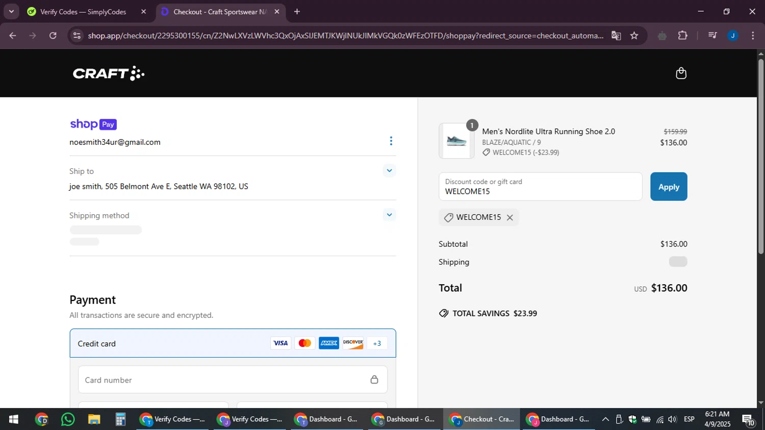 Craft Sports discount code screenshot showing code WELCOME15 applied at Craft Sports checkout page. Uploaded by SimplyCodes community member noesmith34ur on Apr 9, 2025