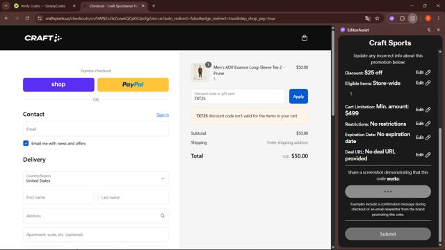 Craft Sports checkout page showing Craft Sports discount code box | Screenshot taken by SimplyCodes community member on Sep 12, 2025