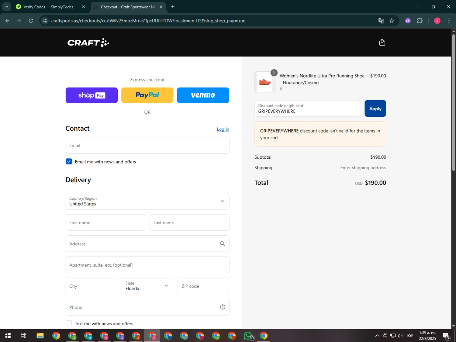 Craft Sports discount code screenshot showing code GRIPEVERYWHERE applied at Craft Sports checkout page. Uploaded by SimplyCodes community member CleverShopper2101 on Aug 22, 2025