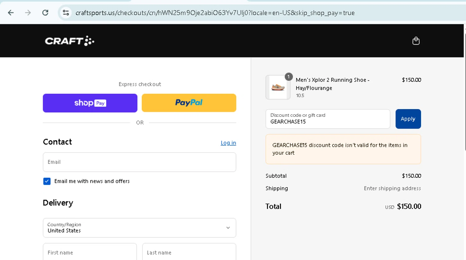 Craft Sports discount code screenshot showing code GEARCHASE15 applied at Craft Sports checkout page. Uploaded by SimplyCodes community member TokenMonarch796 on Aug 22, 2025