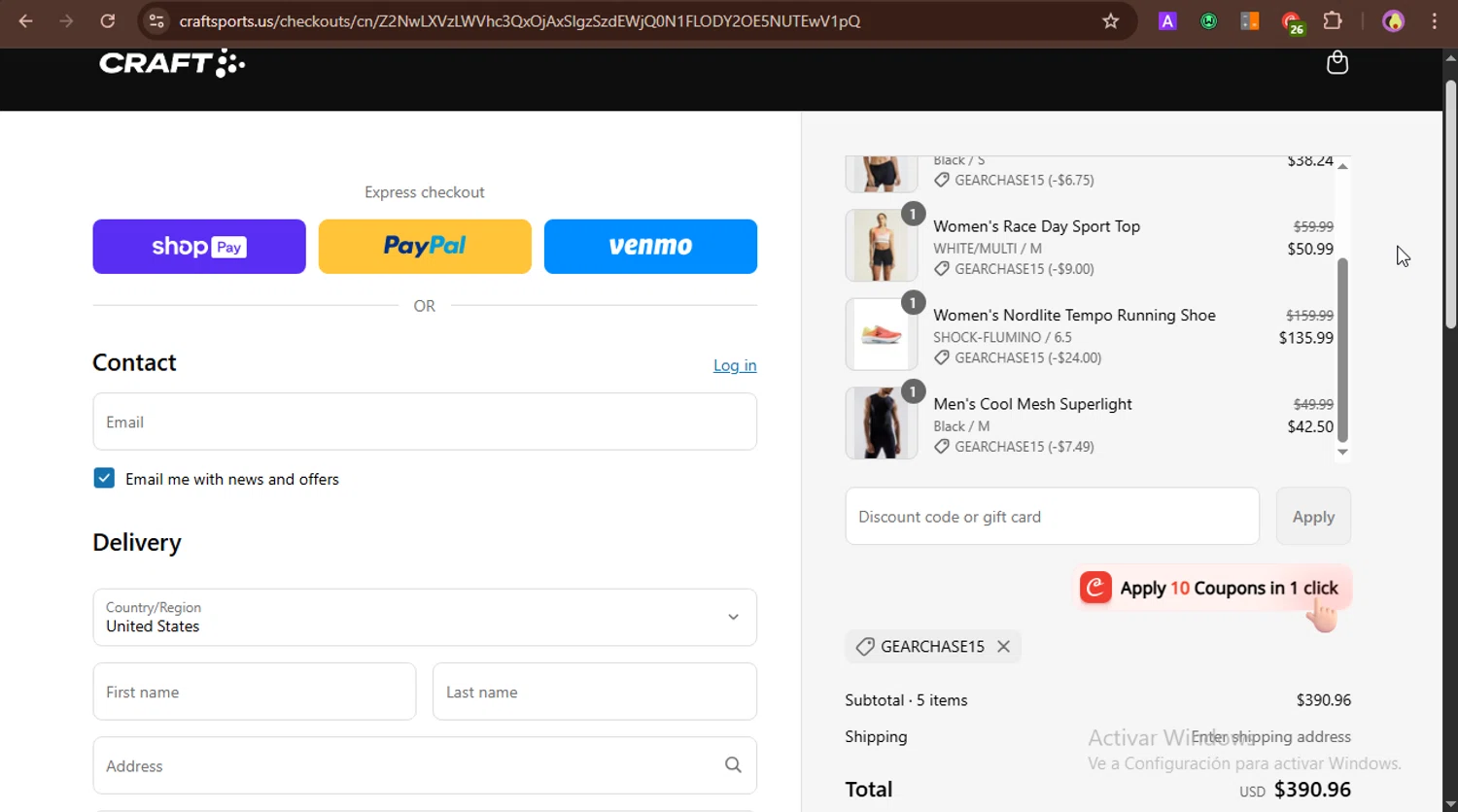 Craft Sports discount code screenshot showing code GEARCHASE15 applied at Craft Sports checkout page. Uploaded by SimplyCodes community member GoldAce5838 on Jun 6, 2025