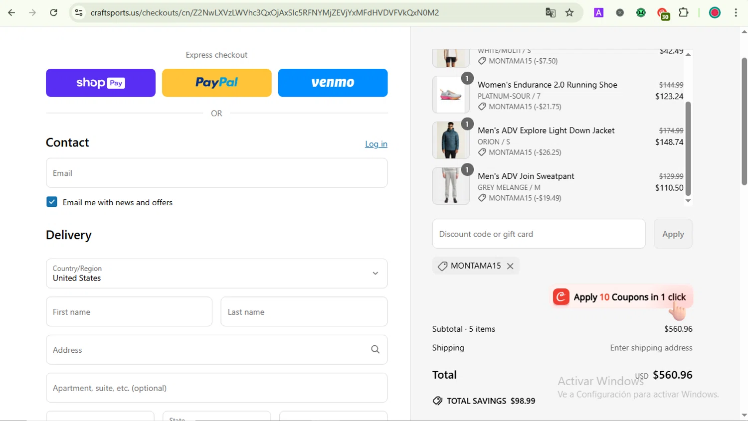 Craft Sports discount code screenshot showing code MONTAMA15 applied at Craft Sports checkout page. Uploaded by SimplyCodes community member GoldAce5838 on May 27, 2025