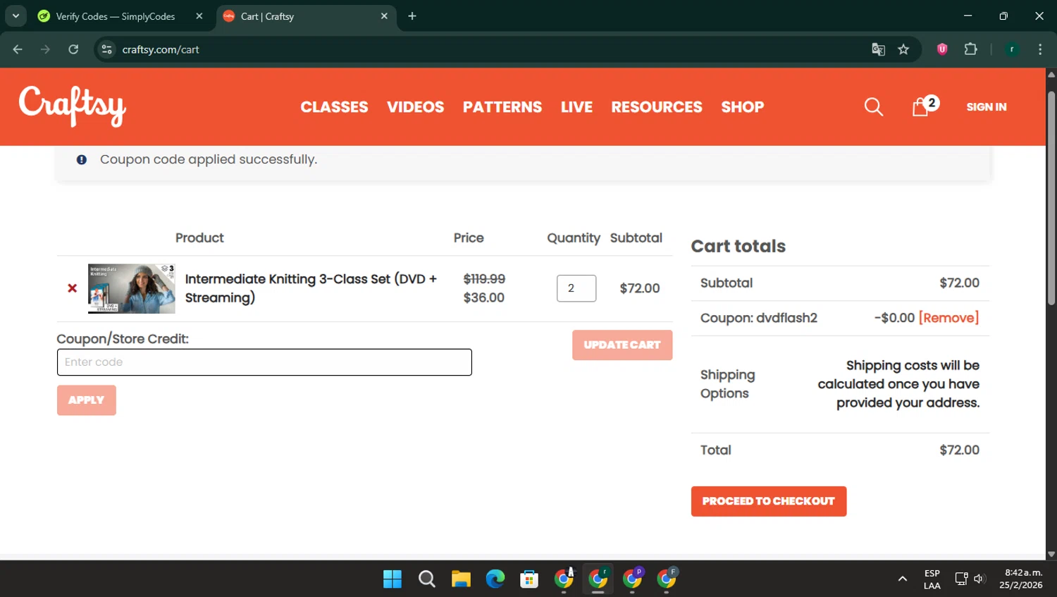 Craftsy promo code screenshot showing code DVDFLASH applied at Craftsy checkout page. Uploaded by SimplyCodes community member rodri1 on Feb 25, 2026