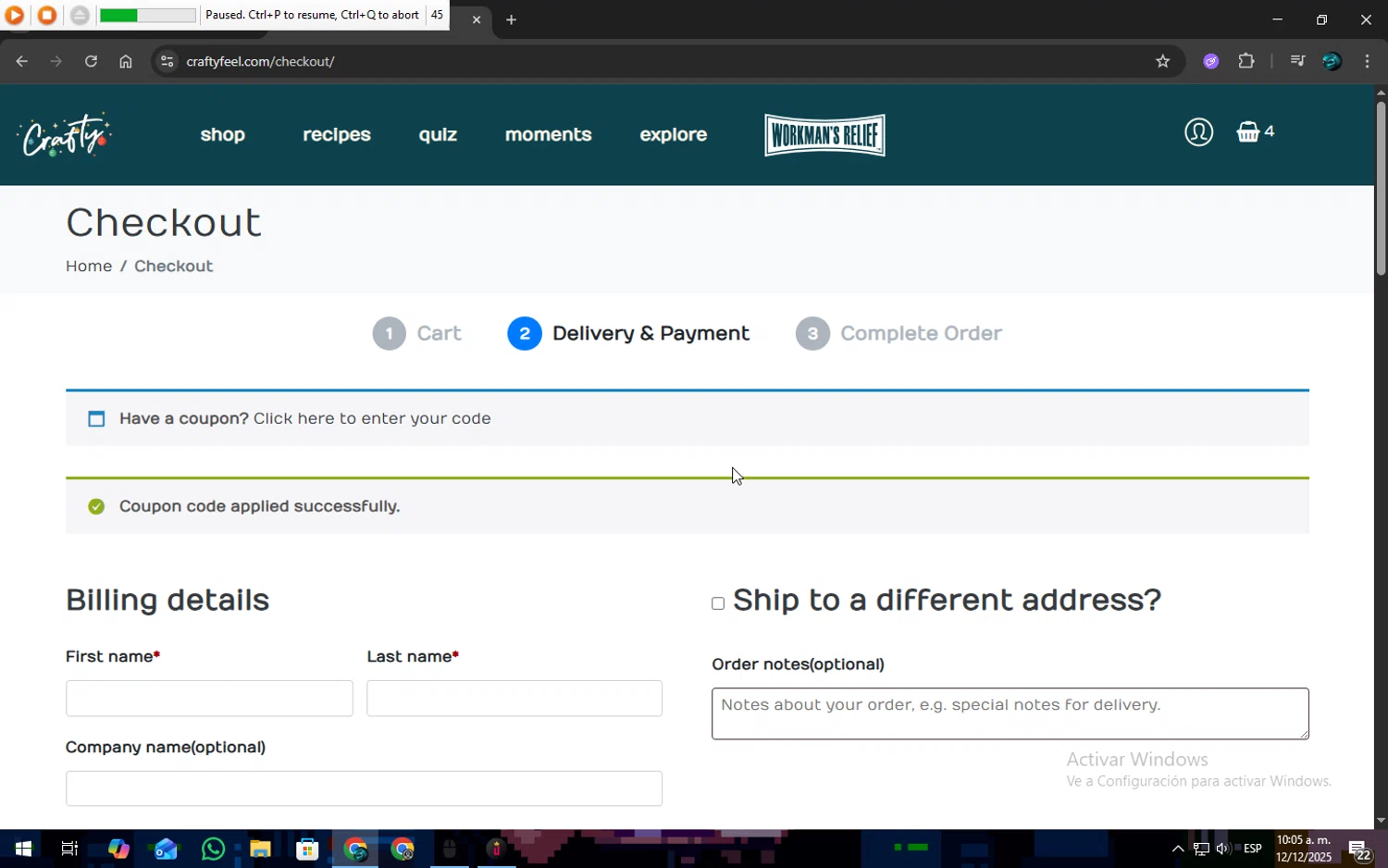Crafty promo code screenshot showing code QOHA10 applied at Crafty checkout page. Uploaded by SimplyCodes community member SOPACONPAN on Dec 12, 2025