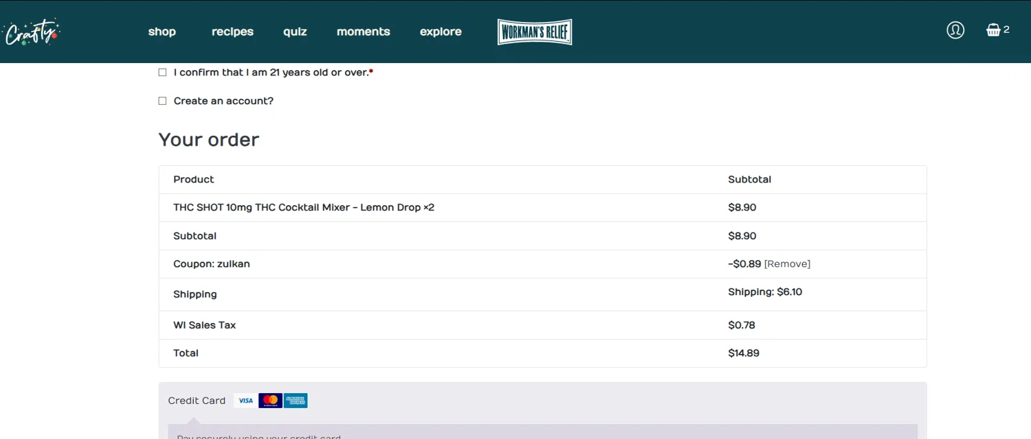 Crafty promo code screenshot showing code ZULKAN applied at Crafty checkout page. Uploaded by SimplyCodes community member eithanmilas on Dec 12, 2025