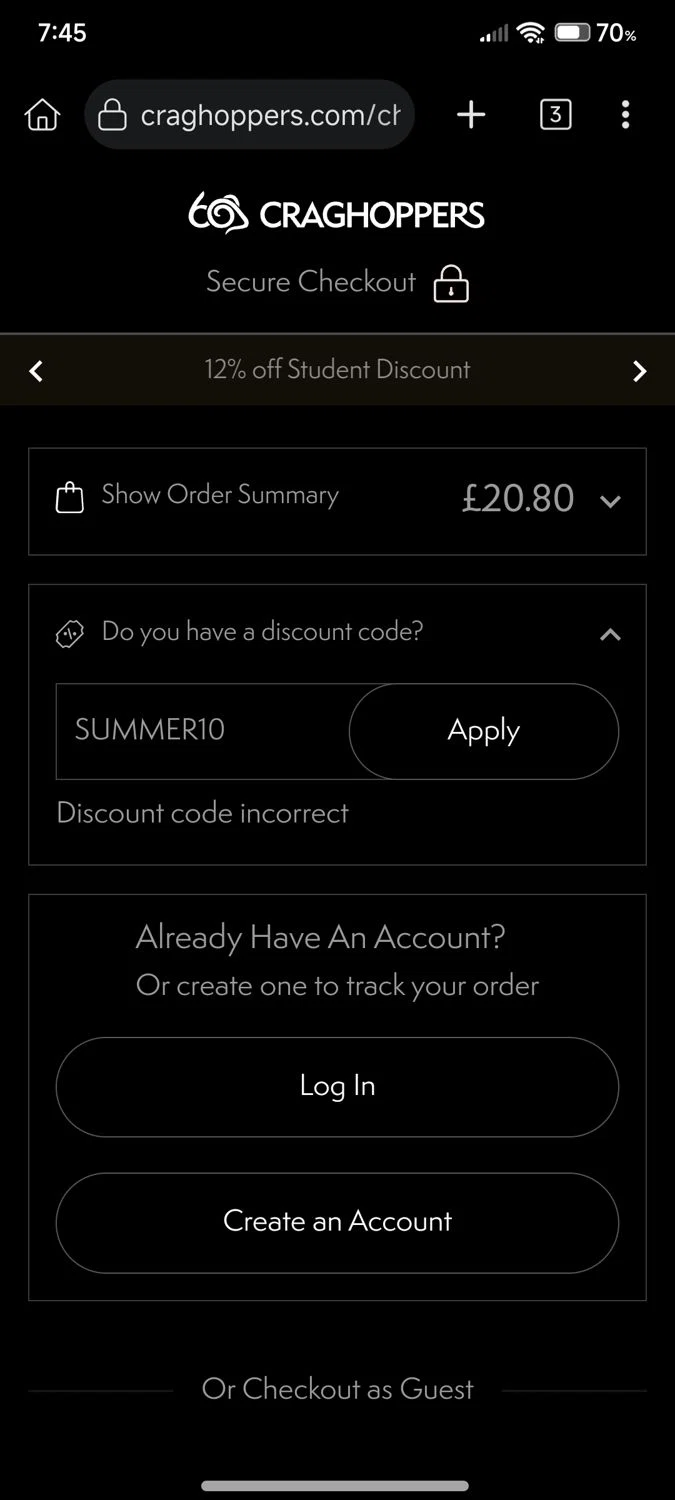 Craghoppers discount code screenshot showing code SUMMER10 applied at Craghoppers checkout page. Uploaded by SimplyCodes community member Diego_Soto on Aug 27, 2025