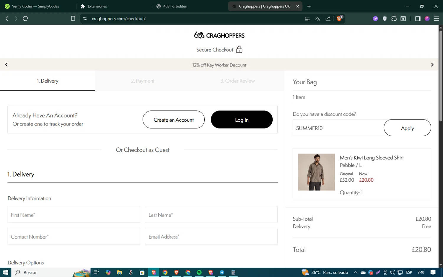 Craghoppers discount code screenshot showing code SUMMER10 applied at Craghoppers checkout page. Uploaded by SimplyCodes community member SmartSaver5448 on Aug 27, 2025