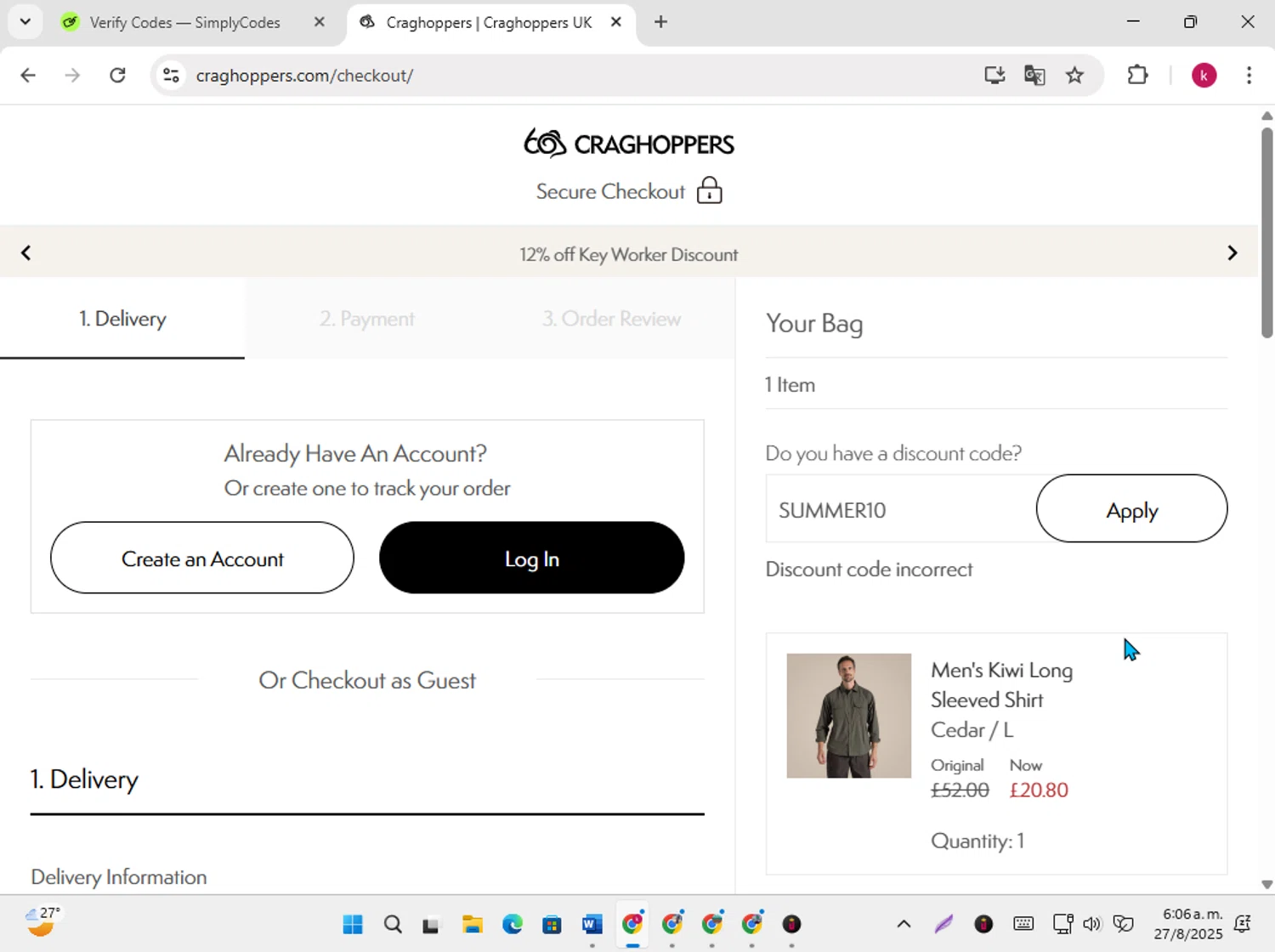 Craghoppers discount code screenshot showing code SUMMER10 applied at Craghoppers checkout page. Uploaded by SimplyCodes community member karoline on Aug 27, 2025