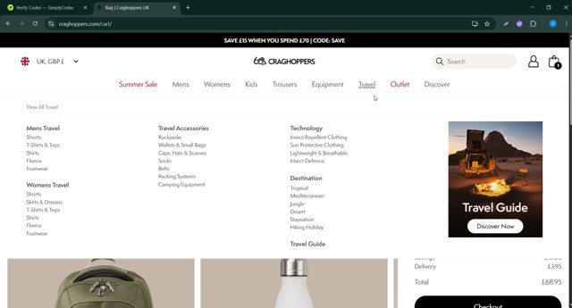 Craghoppers checkout page showing Craghoppers discount code box | Screenshot taken by SimplyCodes community member on Jul 29, 2025