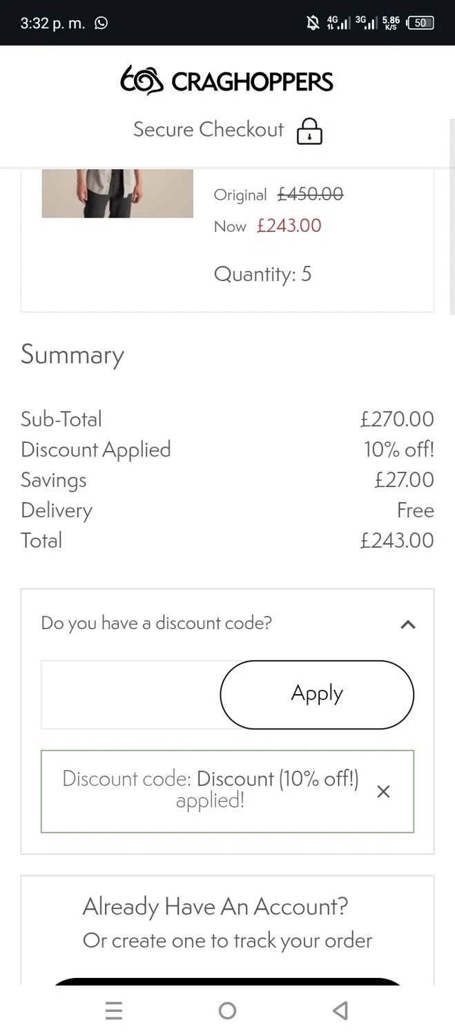 Craghoppers discount code screenshot showing code CRAGS10 applied at Craghoppers checkout page. Uploaded by SimplyCodes community member DanielS on May 9, 2025